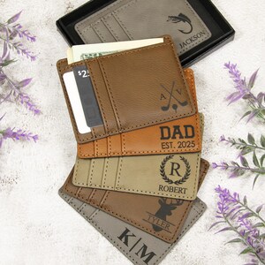 Cartera minimalista de cuero personalizada grabada con caja de regalo, billetera delgada para hombre con bolsillo frontal, tarjetero delgado de cuero, billetera delgada para tarjetas.