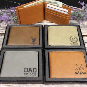 Cartera de cuero grabada personalizada con solapa para identificación y foto, con caja de regalo, regalo de aniversario con monograma para esposo o novio.