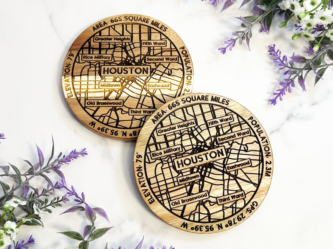 Houston Map Coaster Set Acacia Wood Coasters, Houston Gifts, Houston