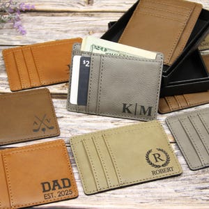 Cartera minimalista de cuero personalizada grabada con caja de regalo, billetera delgada para hombre con bolsillo frontal, tarjetero delgado de cuero, billetera delgada para tarjetas.