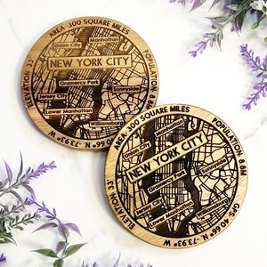 May include: Two wooden coasters with a map of New York City engraved on them. The coasters are round and have a brown wood finish. The map includes the names of different neighborhoods, including Manhattan, Union City, Sunnyside, Williamsburg, and Gramercy Park. The text "NEW YORK CITY" is printed in bold letters on each coaster. The text "AREA 300 SQUARE MILES" and "POPULATION 8.8M" are also printed on each coaster.