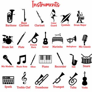 May include: Black and white illustrations of various musical instruments, including a baritone, clarinet, guitar, drum set, flute, French horn, and more. The word "Instruments" is written in red at the top.