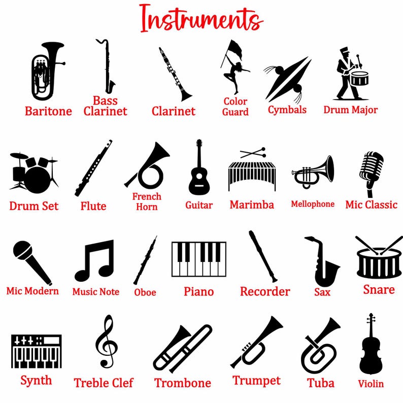 May include: Black and white illustrations of various musical instruments, including a baritone, clarinet, guitar, drum set, flute, French horn, and more. The word "Instruments" is written in red at the top.