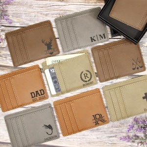Cartera minimalista de cuero personalizada Faith Gift con caja de regalo grabada, billetera delgada con bolsillo frontal, tarjetero delgado, billetera delgada para tarjetas