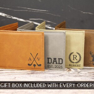 Cartera de cuero grabada personalizada con solapa para identificación y foto, con caja de regalo, regalo de aniversario con monograma para esposo o novio.