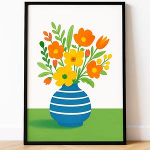 Póster de un ramo caprichoso en un jarrón azul: arte floral colorido para pared o impresión botánica para el hogar, la cocina o como regalo. Decoración vegetal vibrante.