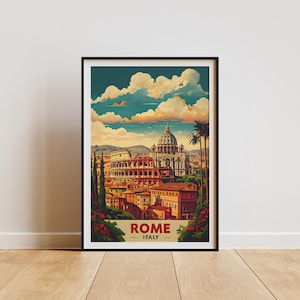 Poster di viaggio di Roma – Stampa artistica da parete vintage dell'Italia con il Colosseo e la Basilica di San Pietro – Regalo di arredamento europeo retrò per casa o ufficio
