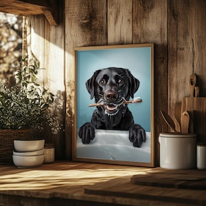 Stampa da bagno con Labrador nero – Divertente decorazione da parete con cane – Poster Labrador con spazzolino da denti – Decorazione da bagno per animali domestici – Regalo per amanti dei cani o toelettatori