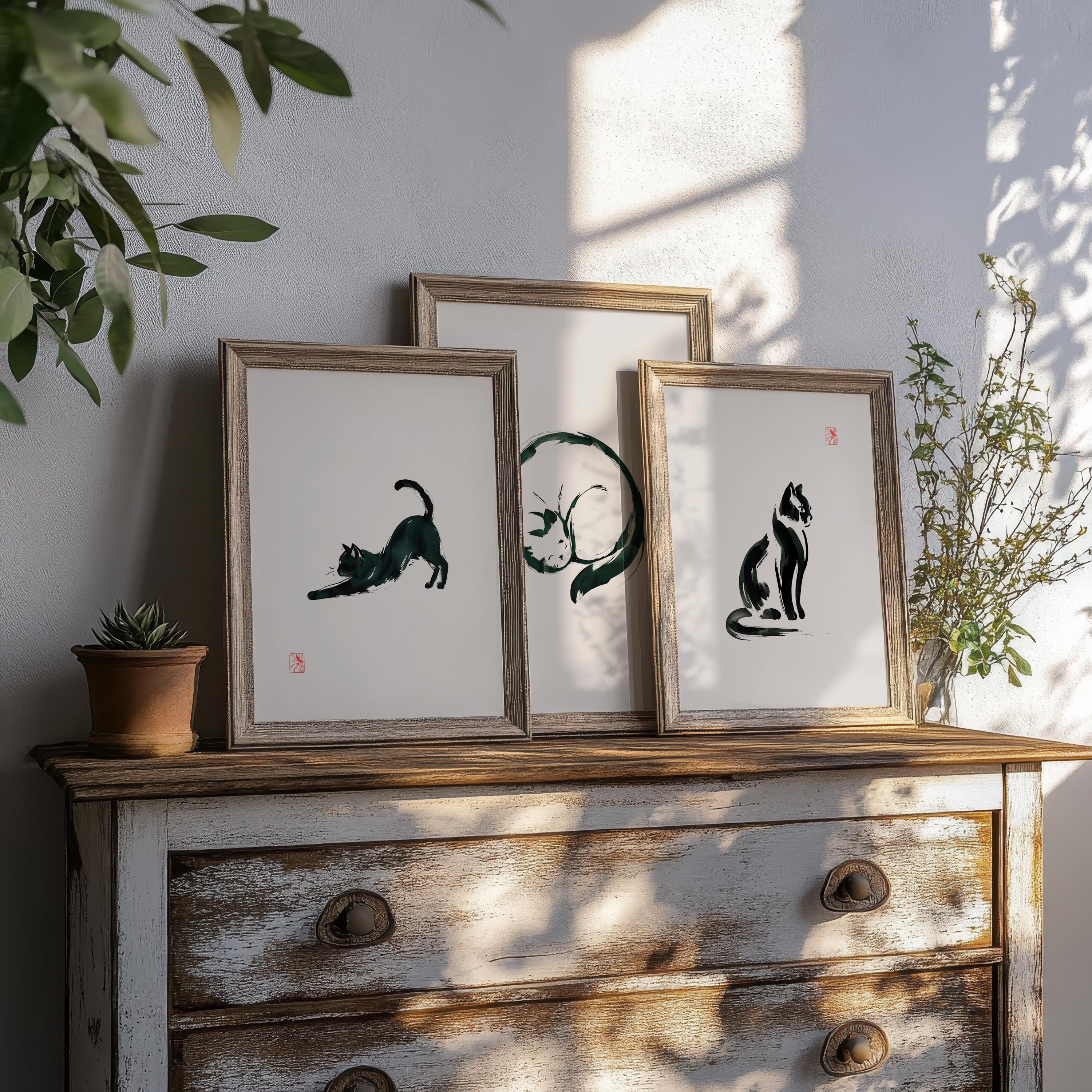 Japanese Matsumoto Hoji Cat (digitial) Set of 3, Vintage Cat Woodblock ...