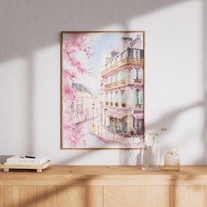Lámina de arte mural parisino: póster de acuarela de La Maison Rose, arte romántico de cafetería francesa, escena callejera rosa de París, decoración de viaje A4 para el hogar o regalo.