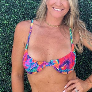 Underwire Bright Floral Bikini Top, Adjustable Wire Bikini Top, Hawaiian Flower Neon Colors Underwire Bikini Top,