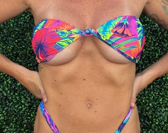 Strapless Bandeau Reversible Bikini Top, Knotted Bikini Top, Sand Bar Neon Floral Bikini, Salty Kiss 2 Bikinis in 1, Leopard Print Bikini