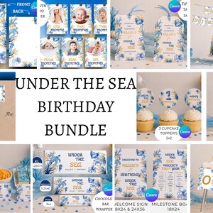 May include: A collection of "Under the Sea" themed birthday party decorations. Includes invitations, cupcake toppers, water bottle labels, chocolate bar wrappers, and a high chair banner. The color scheme is blue and gold with sea creature illustrations.