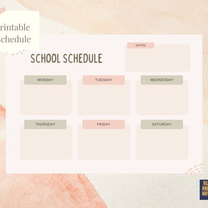 May include: Printable school schedule template with a peach and beige watercolor background. The schedule is divided into days of the week: Monday, Tuesday, Wednesday, Thursday, Friday, and Saturday. There is a notes section at the top right corner of the page. The text "SCHOOL SCHEDULE" is at the top of the page.