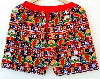 Indian Rajasthani Traditional Embroidered Phulkari Shorts, Girl's Ethnic Wear Mirror Work Embroidered Ethnic Short Pant, Boho Hippie Short