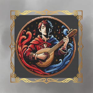 May include: A digital illustration of a person playing a lute. The person is wearing a red and blue cloak and is surrounded by stars and musical notes. The background is a dark blue.