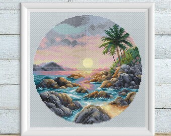 ビーチの夕日のクロスステッチパターン、トロピカルなヤシの刺繍