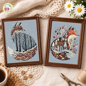 Fox Cross Stitch Pattern Set of 2, Woodland Animal, Forest Embroidery (Instant Download PDF)