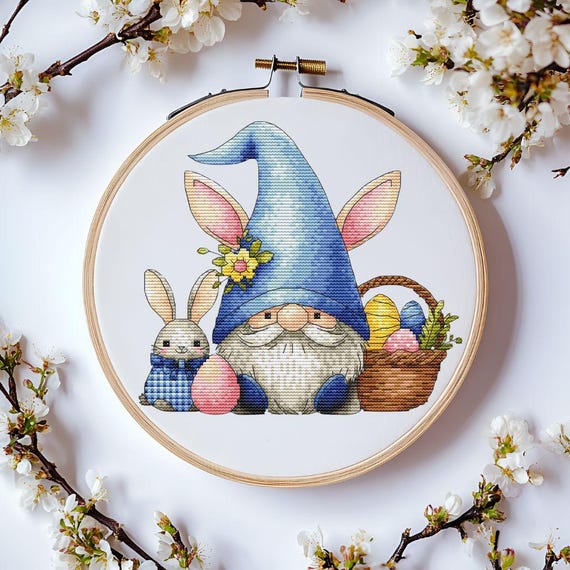 イースターノームのクロスステッチパターン：ウサギ、卵、バスケット