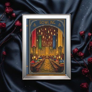 Magic School Hall Cross Stitch Pattern, Wizard Academy Interior, Fantasy Castle Embroidery PDF