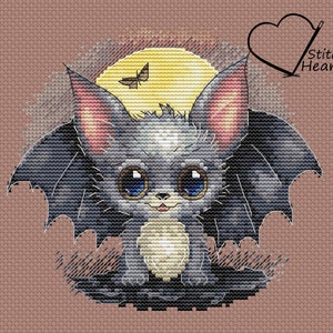 May include: A cute cartoon bat with big eyes and a toothy grin, flying in front of a yellow moon with a butterfly. The bat is gray with pink ears and wings. The background is a light brown color.