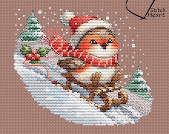 Modèle de point de croix rouge-gorge d'hiver : oiseau festif sur traîneau (modèle PDF)