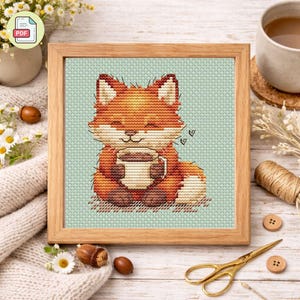 Fox with Coffee Cross Stitch Pattern, Animal Design, Nursery Embroidery PDF Instant Download