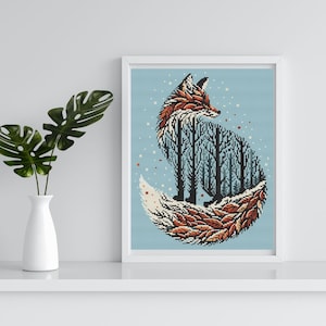 Esquema de outono para bordado. "Autumn Fox". Padrão aconchegante. Padrão de ponto cruz. Bordado de ponto cruz.