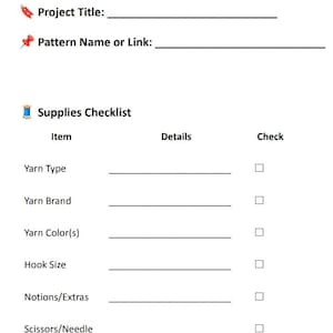 Puede incluir: Un planificador de proyectos de crochet blanco con detalles en rosa. El planificador incluye secciones para el título del proyecto, el nombre del patrón, la lista de verificación de suministros y los tipos de puntadas. El texto dice "Sigue, planifica y termina cada puntada con amor."