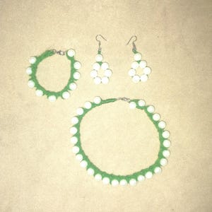 Handmade green and pearl earring, necklace, and bracelet set