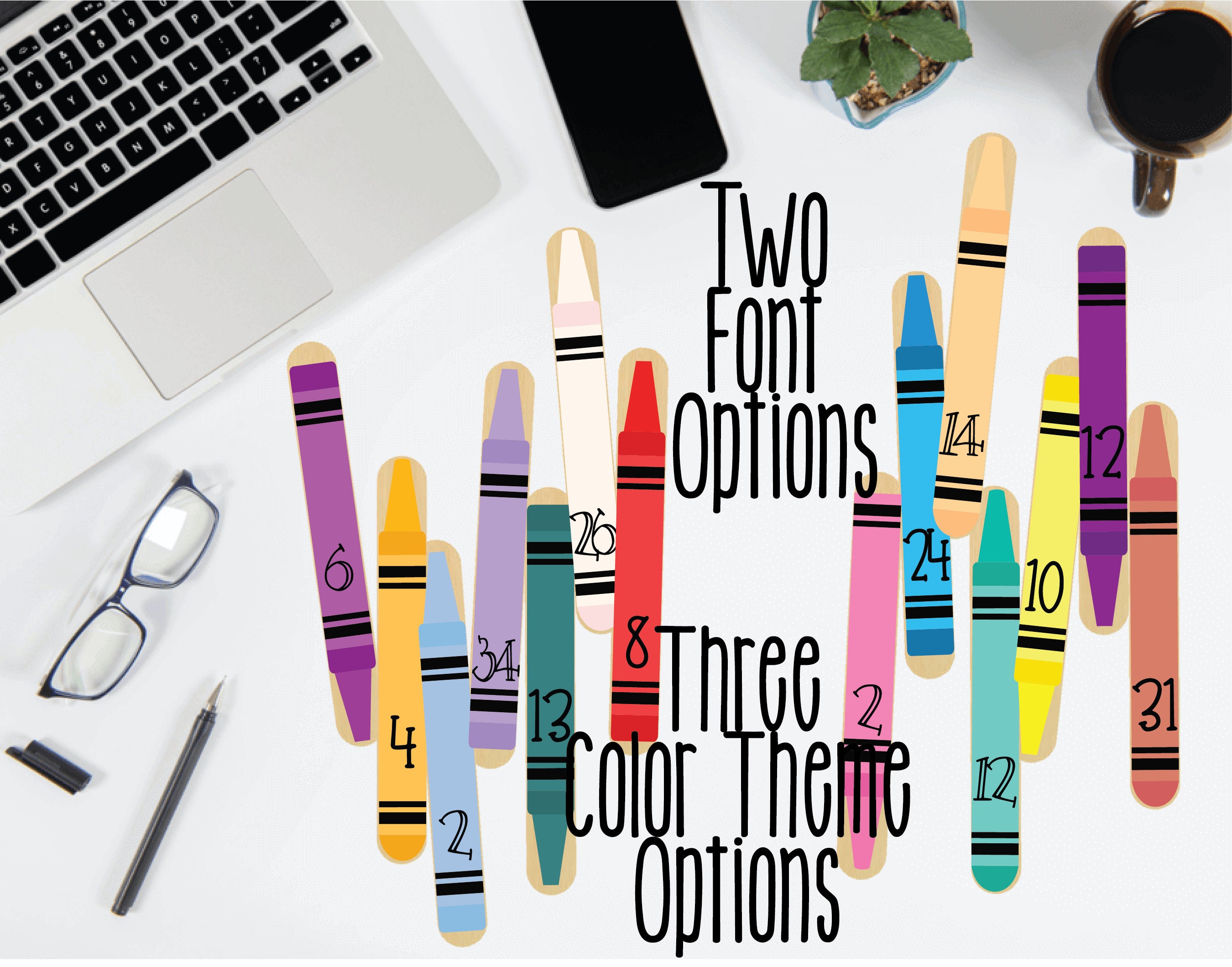 Crayon-themed labels for number and name practice.