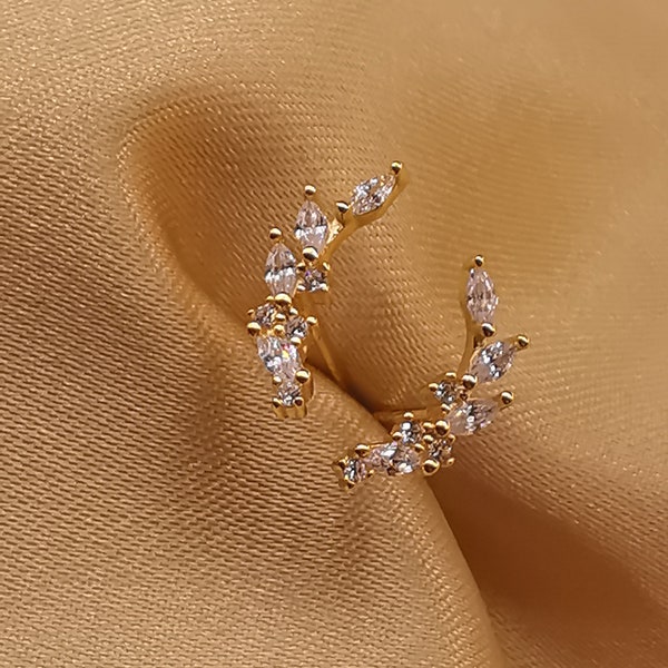 Dainty Olive Leaf Post Studs Ear Climber 14k Gold 925 Silver Leaf Studs Cramler Branches Crystal Climber Earrings