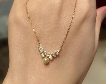 Süßwasser Perlenkette Zierliche Chevron Perlenkette Art Deco Multi-Diamond Gebogen Hochzeit Schmuck Juni Birthstone Halskette