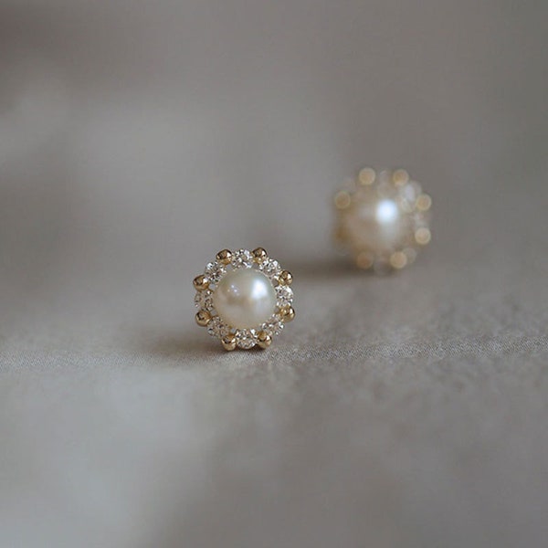 14K Gold Vermeil Pearl Studs , Tiny Pearl Earrings, Round pearl Cz Studs, 925 Silver Pearl Earring, Minimalist Earring, Gift For Her