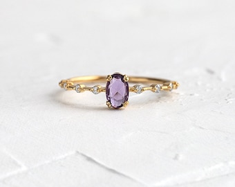 Natural Lavender Purple Amethyst Ring -18K Gold Plated Sterling Silver Ring, CZ Oval Ring, February Birthstone Ring Wedding Gift