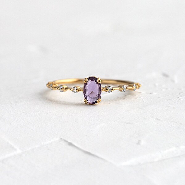 Natural Lavender Purple Amethyst Ring -18K Gold Plated Sterling Silver Ring, CZ Oval Ring, February Birthstone Ring Wedding Gift