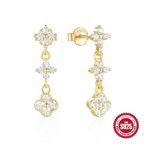 925 Silver Four Leaf Clover Colorful Earring Long Chain Earring Piercing Jewelry 18K Yellow Gold White Diamond Ladies Dangling Drop Earrings