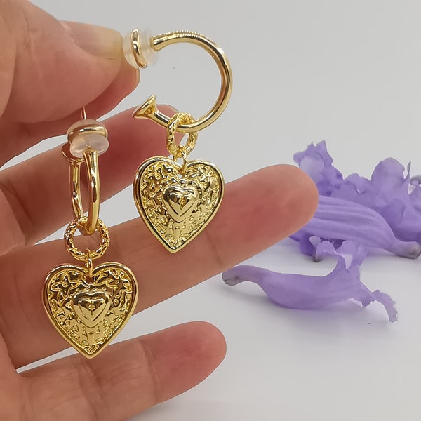 Vintage Heart Dangle Earring, Gold Heart Earrings, Heart Earrings, Dangle Earring, Dainty Heart Earring,  Gold Earring Gift For Her