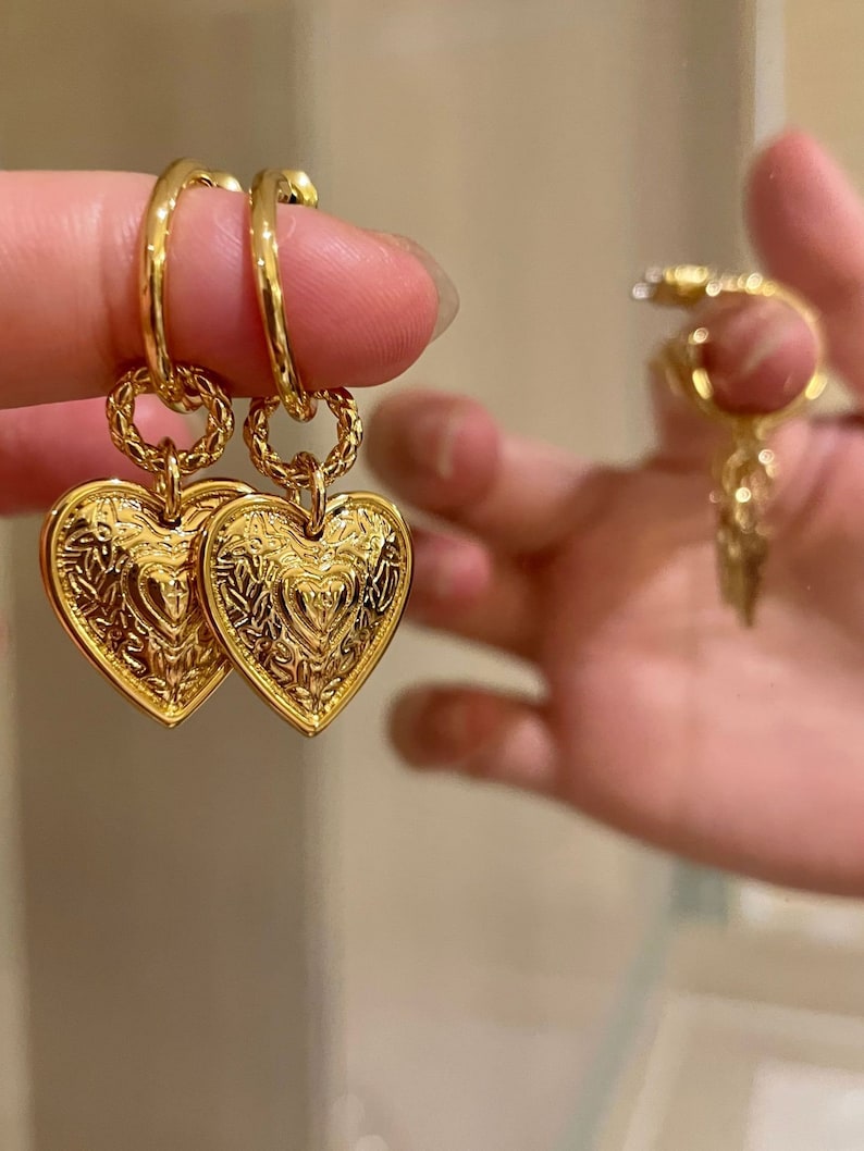 Gold Heart Dangle Earring Gold Heart Earrings Heart Etsy