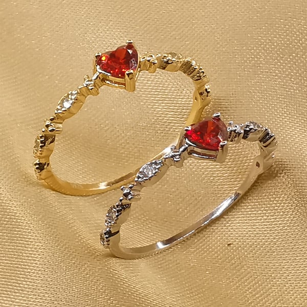 Tiny Heart Ruby Ring Dainty Ruby Ring July Birthstone Ring Heart Minimalist Ring Stackable Ring 14 gold plated 925 Silver Rin  Mother's day