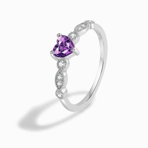 Dainty Amethyst Ring Natural Amethyst 925 Silver Ring February Birthstone Ring Purple Heart Hollow Out Ring Anniversary Birthday Gift