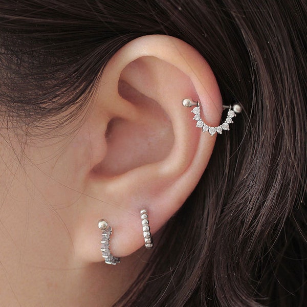 Dainty Diamante  Screw Back Hoop Studs, Sterling Silver Cz Piercings Earring for Cartilage or Earlobe,Silver Piercings Earring