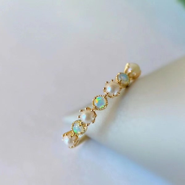 Opal Pearl Beaded Ring Gold Opal Pearl Eternity Ring 14K Gold Plated 925 Silver Ring Tiny Stackable Band Ring Gold Minimalist Ring