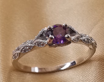 Natural Dainty Amethyst Ring Personalized Amethyst 925 Silver Ring February Birthstone Ring Purple Carved Ring Anniversary Birthday Gift