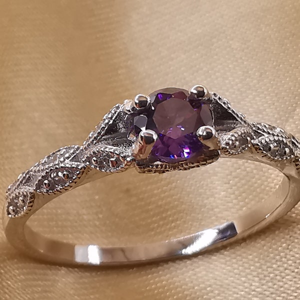 Natural Dainty Amethyst Ring Personalized Amethyst 925 Silver Ring February Birthstone Ring Purple Carved Ring Anniversary Birthday Gift