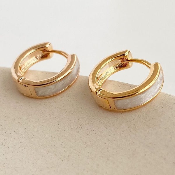 Gold Mother of Pearl Hoop Earrings 14k Real Gold Plated 925 Silver  Hypoallergenic Tiny Cartilage Huggie  Ear Jewelry