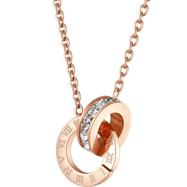 Double Circle Pendant Necklace, Entwined Roman Number 2 Ring Necklace Interlocking Circle Cz Ring Necklace,Rose Gold Couple Sister Necklace,