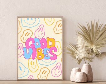 Preppy Multicolor Good Vibes Wall Art Print, DIGITAL DOWNLOAD, Trendy Wall Art