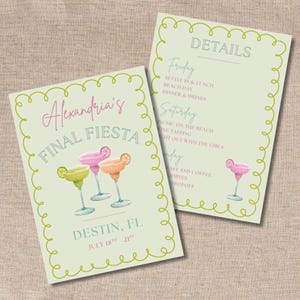 May include: Two light green invitation cards with a watercolor design. One card says "Alexandria's Final Fiesta" with margarita illustrations. The other card lists event details. The cards are bordered with a green, wavy design.