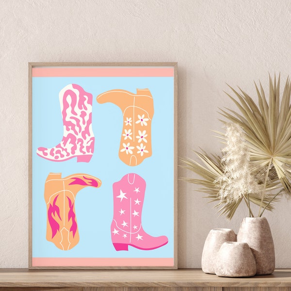 PREPPY cowboy boots / pink and orange / trendy wall art